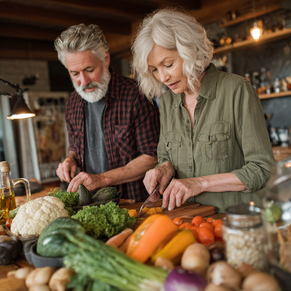 Middle-aged adults preparing healthy balanced meal with fresh vegetables and grains